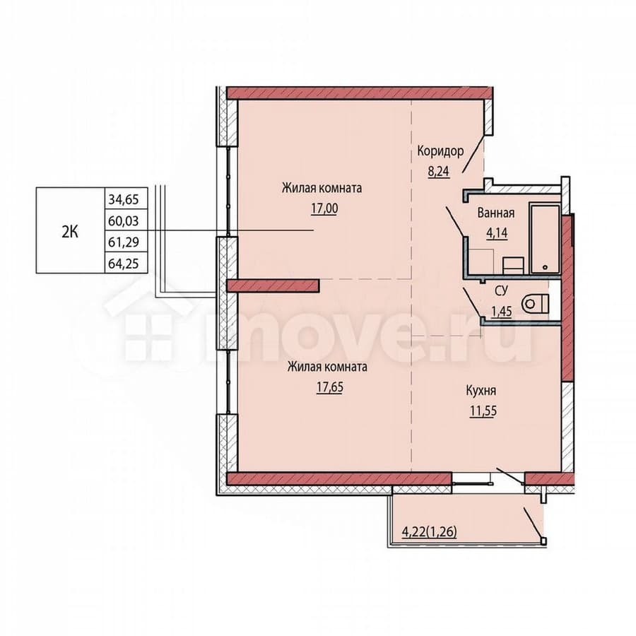 2-комн. квартира, 61.4 м²