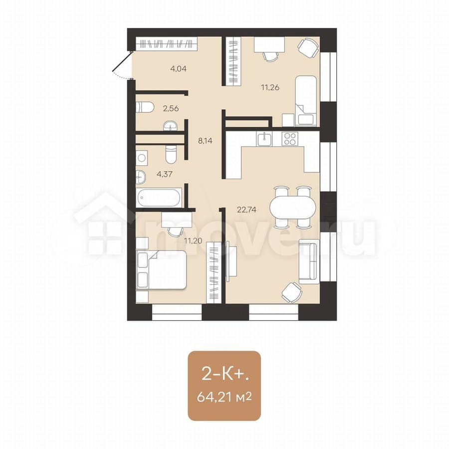 2-комн. квартира, 64.3 м²