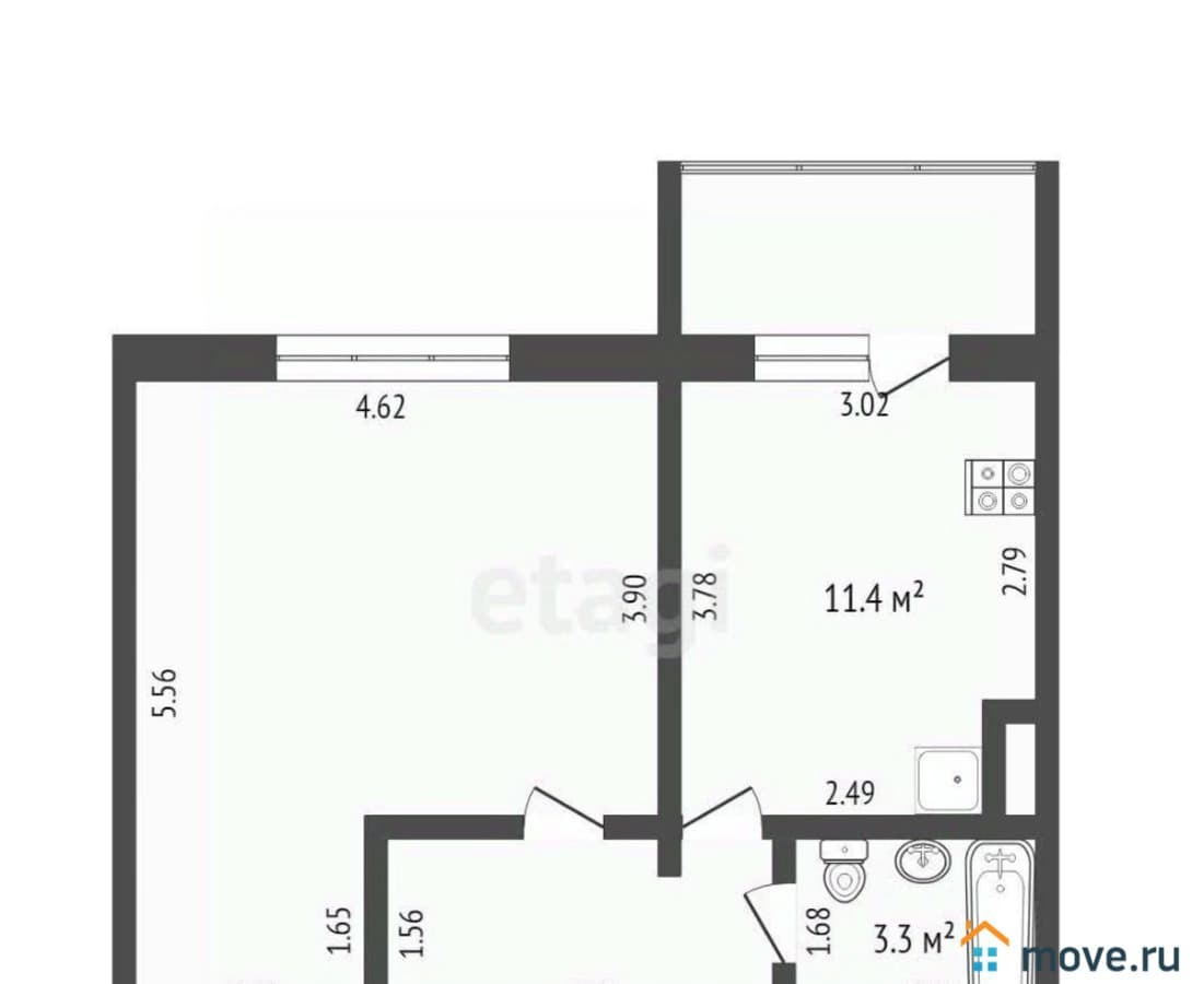 1-комн. квартира, 41.3 м²