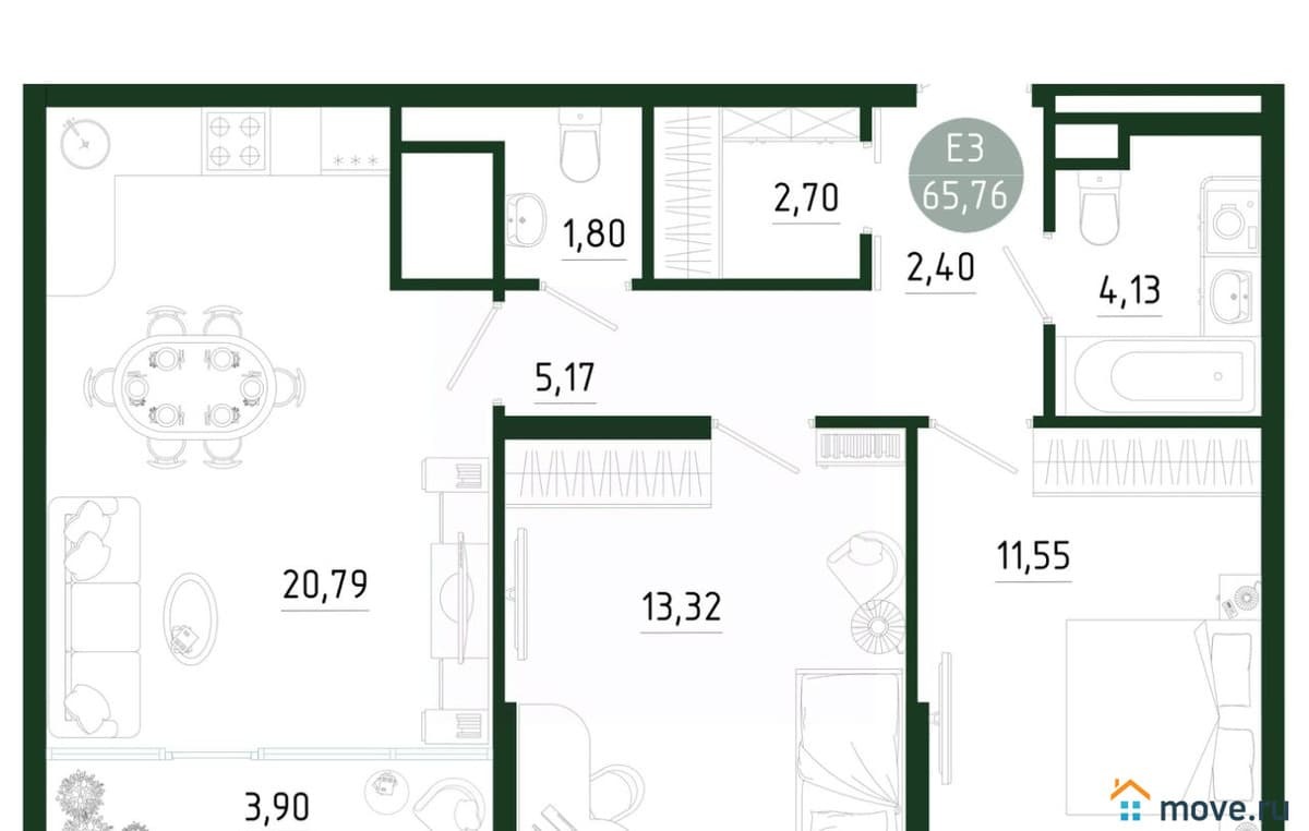 2-комн. квартира, 65.76 м²