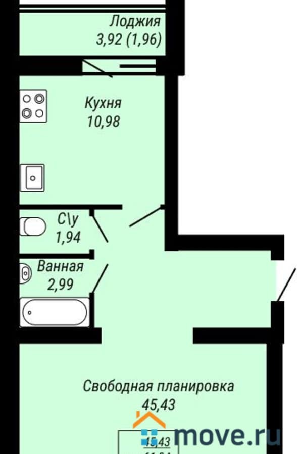 1-комн. квартира, 65.26 м²