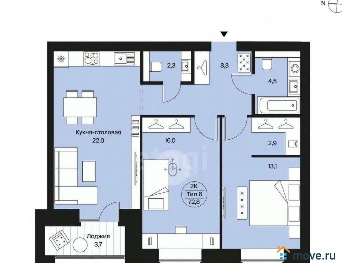 2-комн. квартира, 72.8 м²