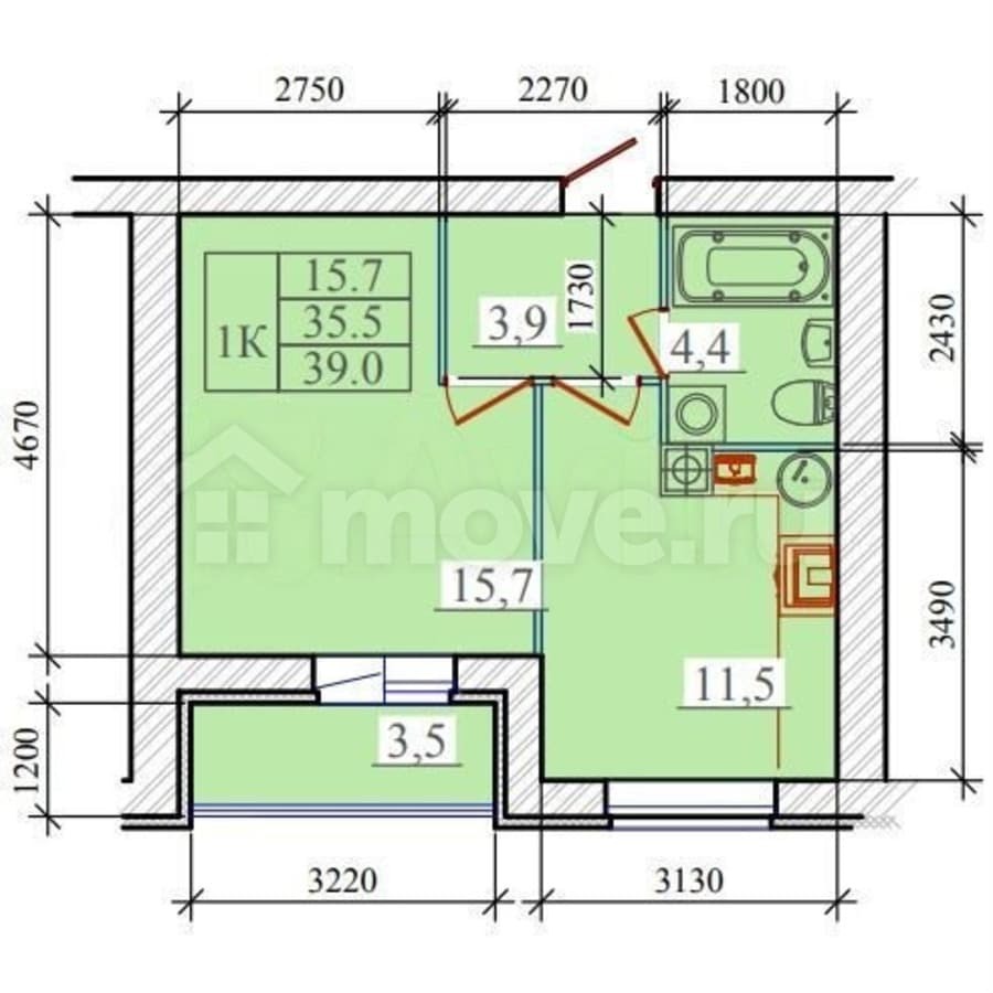 1-комн. квартира, 39 м²