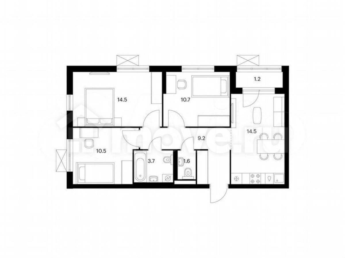 3-комн. квартира, 65.9 м²