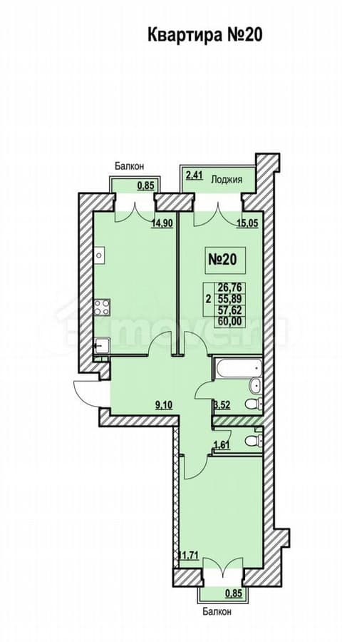 2-комн. квартира, 60 м²