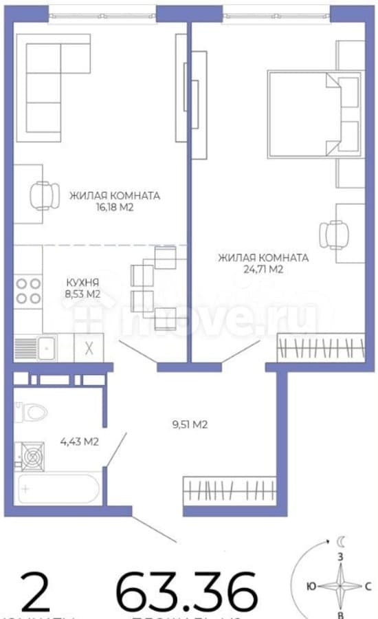 2-комн. квартира, 63 м²