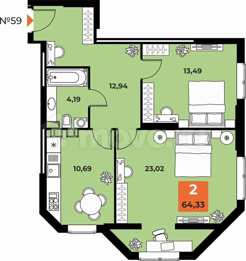 2-комн. квартира, 64.3 м²