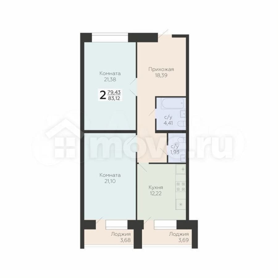 2-комн. квартира, 83.1 м²