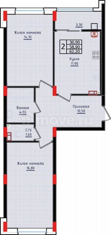 2-комн. квартира, 62.2 м²