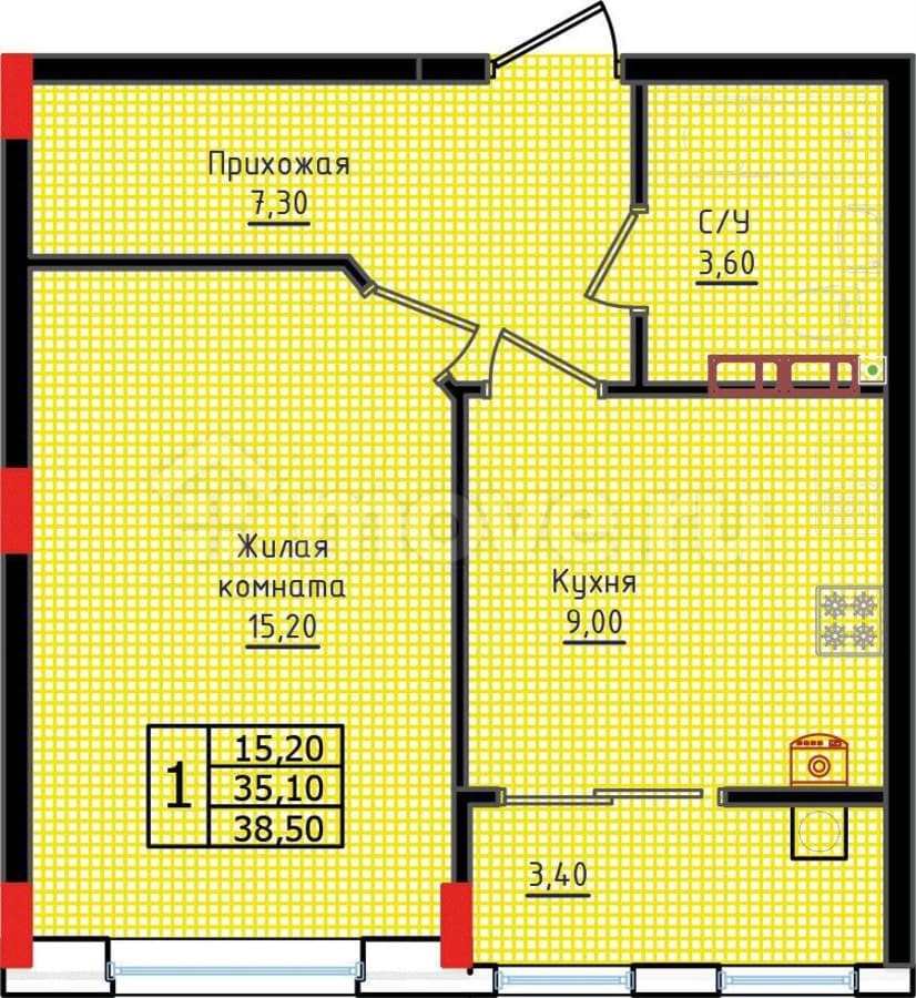 1-комн. квартира, 38.5 м²