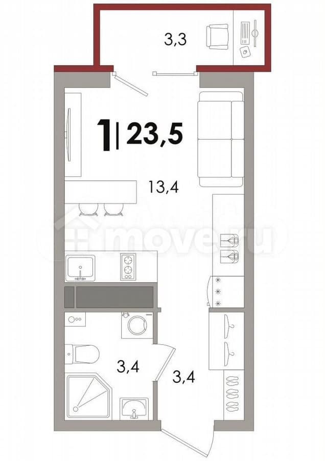 студия, 23.5 м²